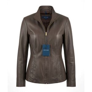 Cole Haan Women's Size SP Dark Espresso Wing Collar Lambskin Leather Jacket